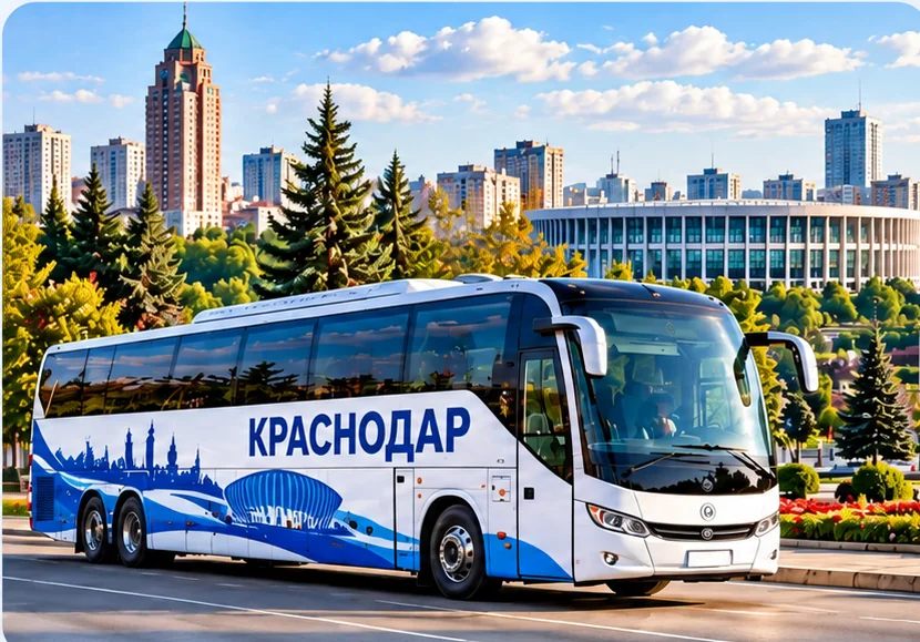 Пассажирский автобус Краснодар на фоне города
